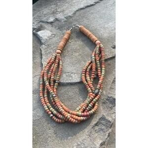 Vintage Earthy Tones Wood Beaded 5 Strands Necklace Boho With Silver Toned Beads